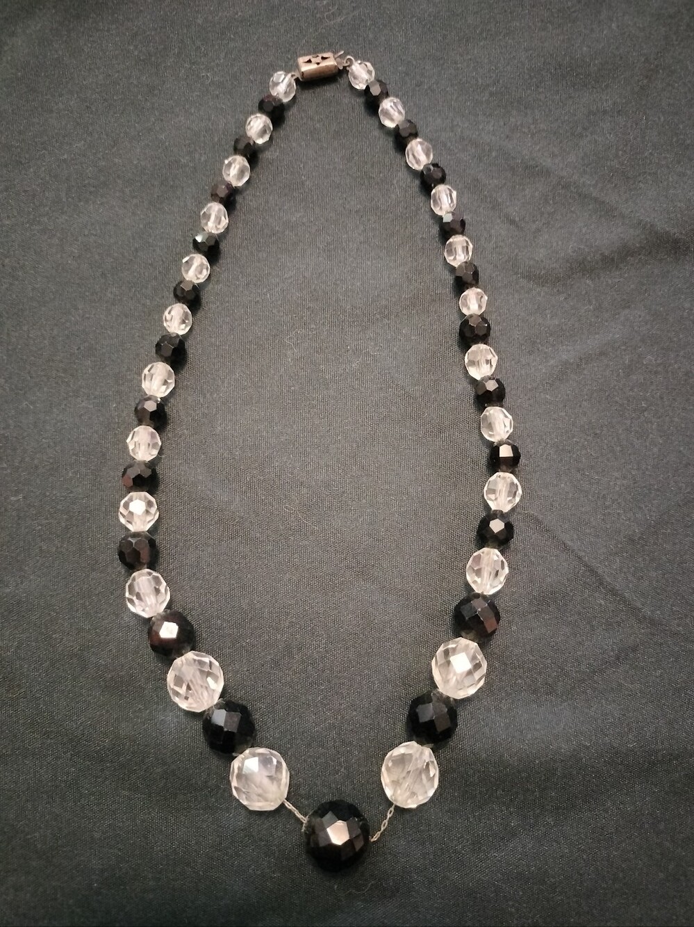 Vintage Art Deco Graduated Black Clear Faceted Crystal Necklace Sterling Clasp